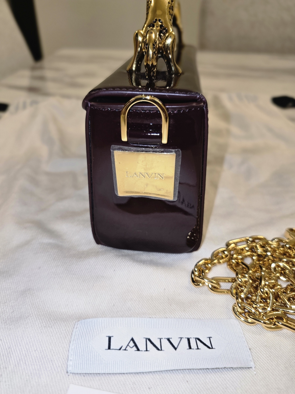 Lanvin Patent Mini Bag in Deep Plum with Gold Cat Handle - Picture 3 of 16